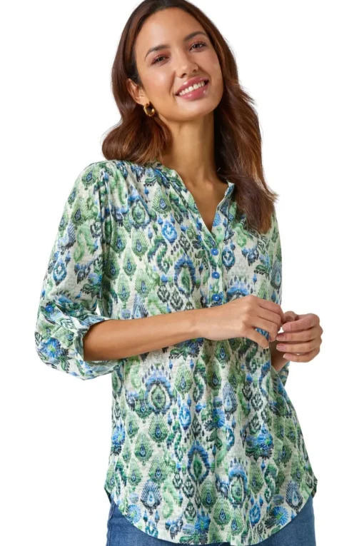 Roman Green Aztec Burnout Print Relaxed V-Neck Tunic Top