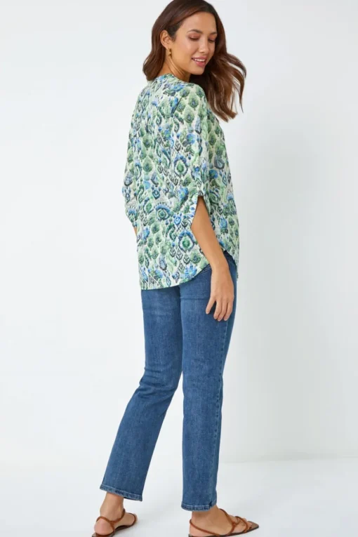 Roman Green Aztec Burnout Print Relaxed V-Neck Tunic Top