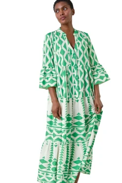 Roman Green Aztec Print Tiered Midi Smock Dress