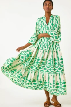 Roman Green Aztec Print Tiered Midi Smock Dress