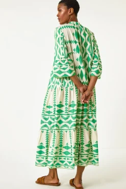 Roman Green Aztec Print Tiered Midi Smock Dress