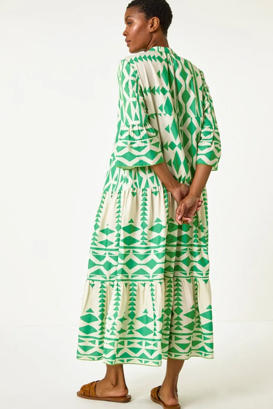 Roman Green Aztec Print Tiered Midi Smock Dress
