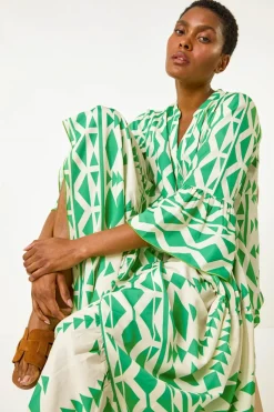 Roman Green Aztec Print Tiered Midi Smock Dress