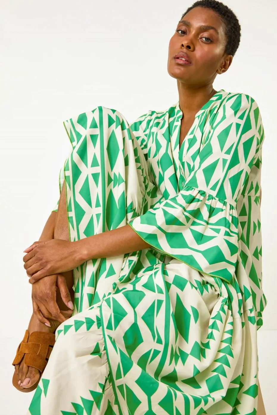 Roman Green Aztec Print Tiered Midi Smock Dress