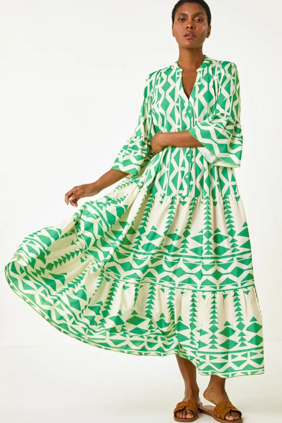Roman Green Aztec Print Tiered Midi Smock Dress