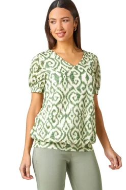 Roman Green Aztec Print V-Neck Blouson Hem Top