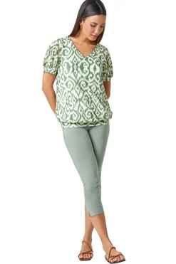 Roman Green Aztec Print V-Neck Blouson Hem Top