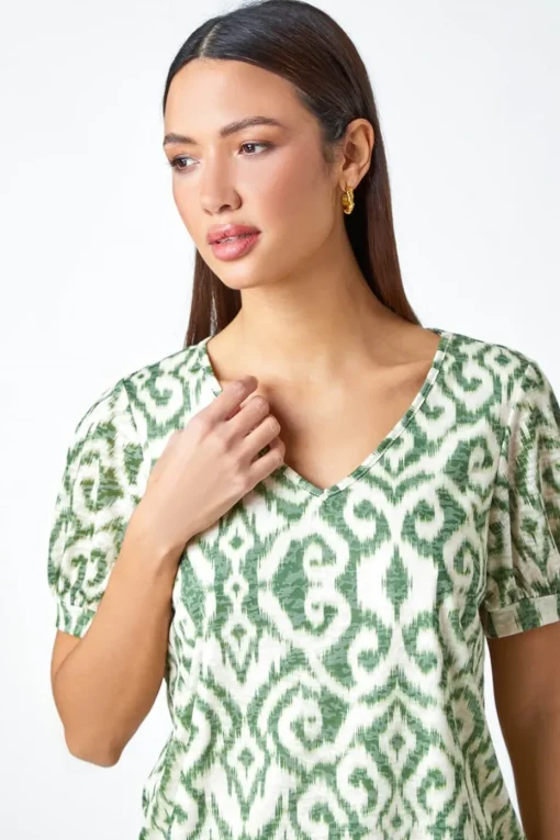 Roman Green Aztec Print V-Neck Blouson Hem Top