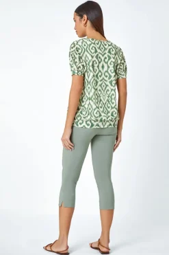 Roman Green Aztec Print V-Neck Blouson Hem Top