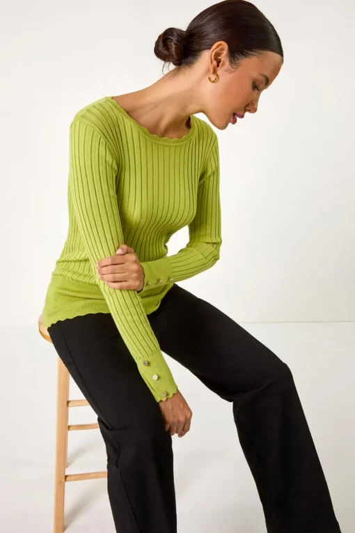 Roman Green Button Detail Ribbed Longline Jumper