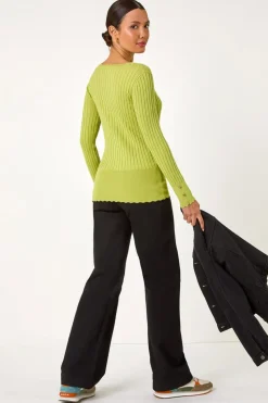 Roman Green Button Detail Ribbed Longline Jumper
