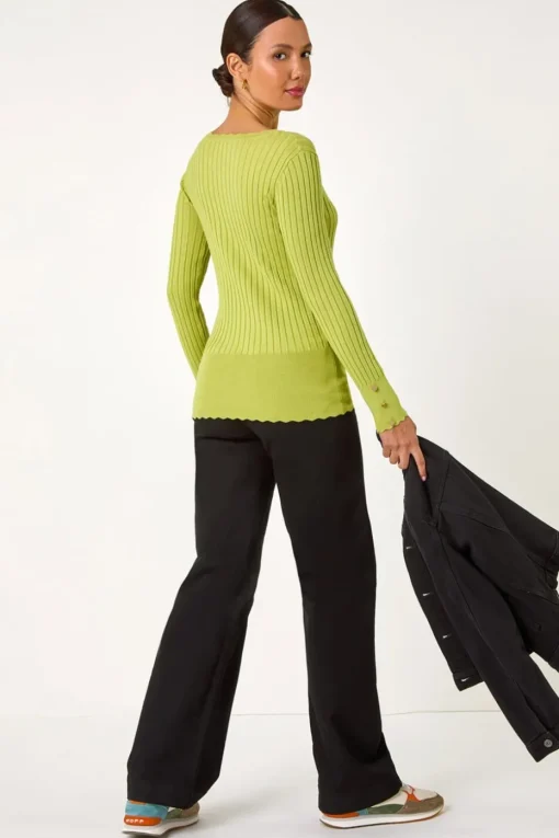Roman Green Button Detail Ribbed Longline Jumper