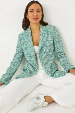 Roman Green Check Frayed Edge Boucle Button Jacket
