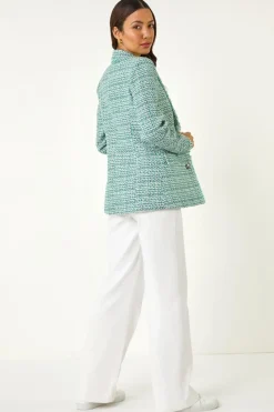 Roman Green Check Frayed Edge Boucle Button Jacket