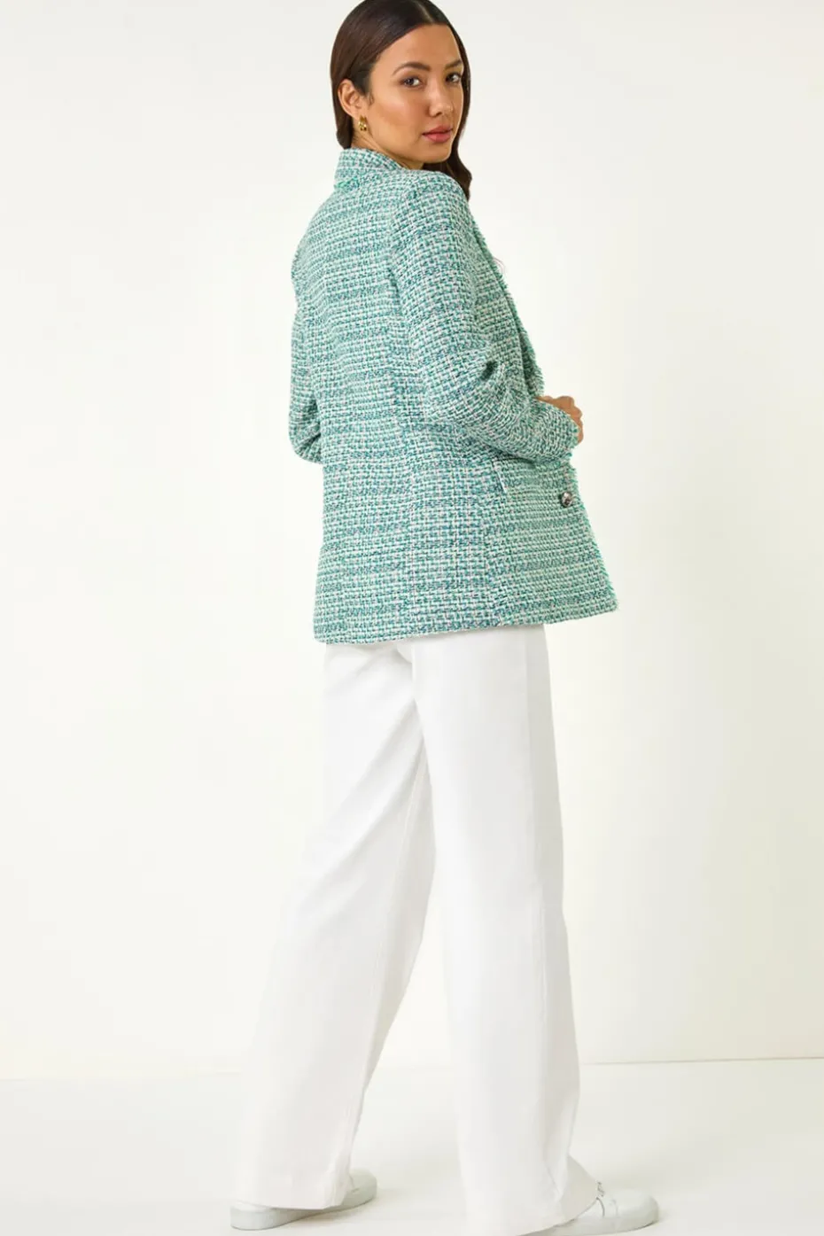Roman Green Check Frayed Edge Boucle Button Jacket