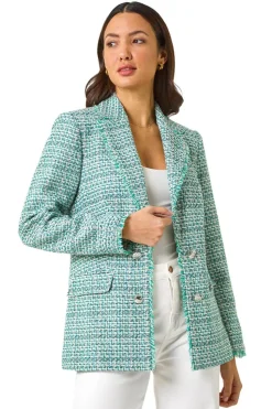 Roman Green Check Frayed Edge Boucle Button Jacket