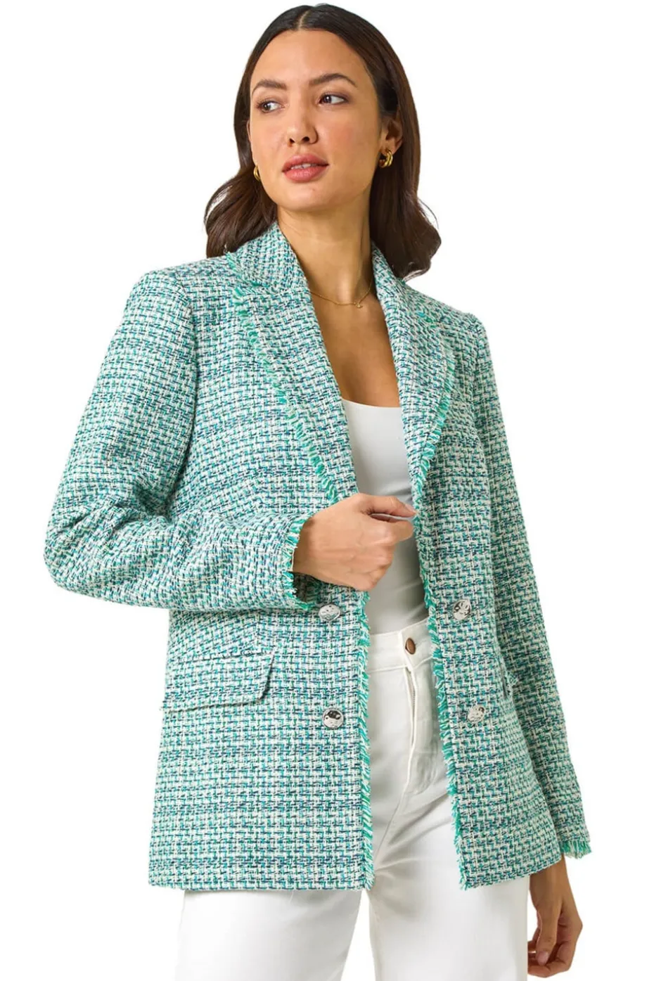 Roman Green Check Frayed Edge Boucle Button Jacket