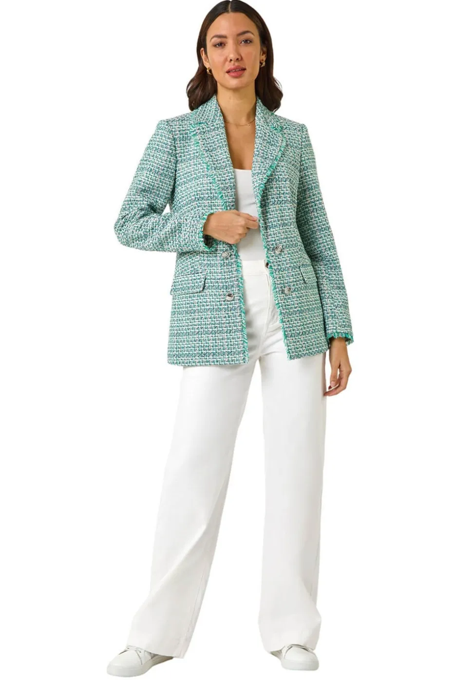 Roman Green Check Frayed Edge Boucle Button Jacket