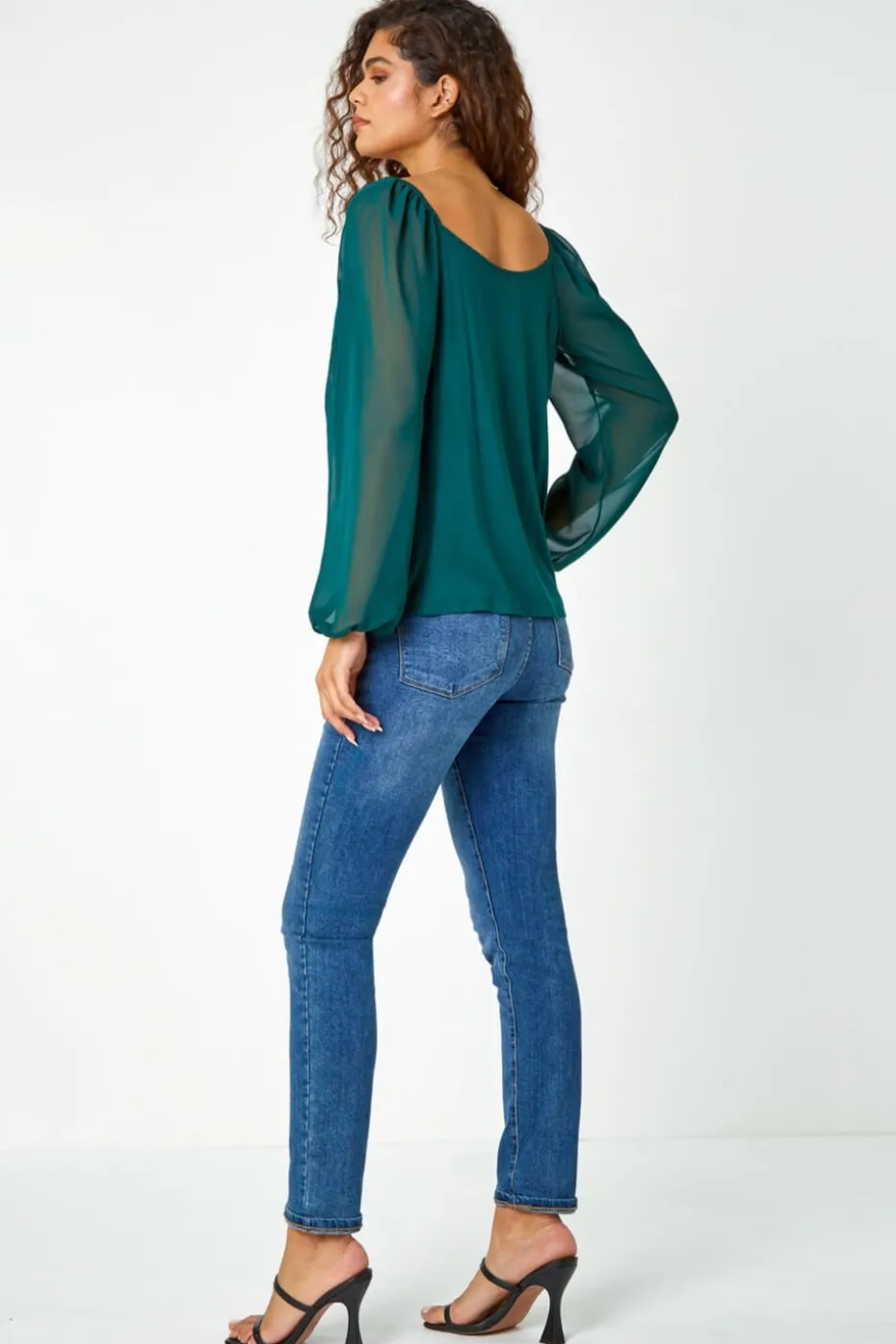 Roman Green Contrast Chiffon Sleeve Stretch Top