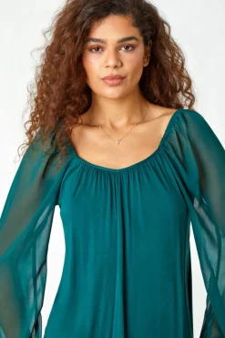 Roman Green Contrast Chiffon Sleeve Stretch Top