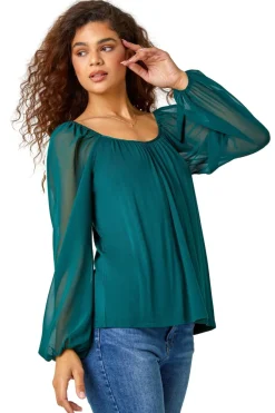 Roman Green Contrast Chiffon Sleeve Stretch Top