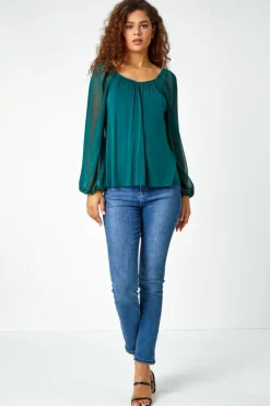 Roman Green Contrast Chiffon Sleeve Stretch Top