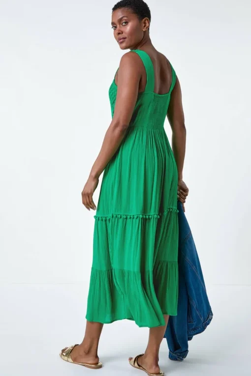 Roman Green Crochet Detail Cotton Blend Maxi Dress