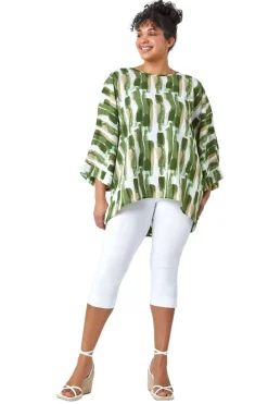 Roman Green Curve Dipped Hem Abstract Print Top