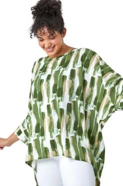 Roman Green Curve Dipped Hem Abstract Print Top