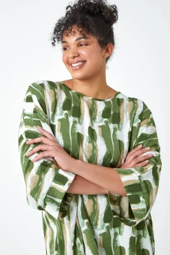 Roman Green Curve Dipped Hem Abstract Print Top