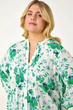 Roman Green Curve Floral Print Pintuck Blouse
