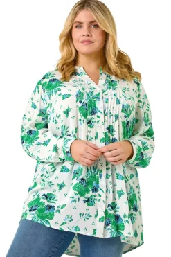 Roman Green Curve Floral Print Pintuck Blouse