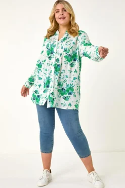 Roman Green Curve Floral Print Pintuck Blouse
