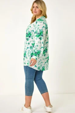 Roman Green Curve Floral Print Pintuck Blouse