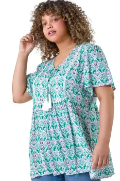 Roman Green Curve Tie Front Boho Printed Top