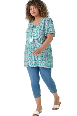 Roman Green Curve Tie Front Boho Printed Top