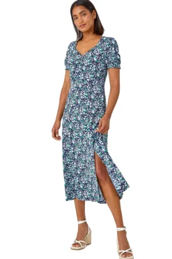 Roman Green Ditsy Floral Ruched Stretch Midi Dress