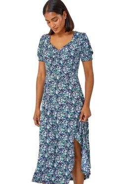 Roman Green Ditsy Floral Ruched Stretch Midi Dress