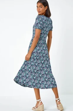 Roman Green Ditsy Floral Ruched Stretch Midi Dress