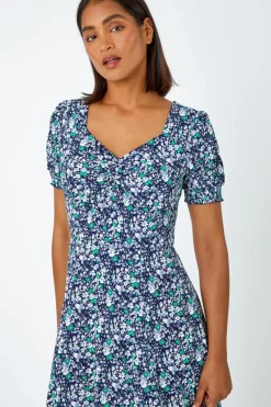 Roman Green Ditsy Floral Ruched Stretch Midi Dress
