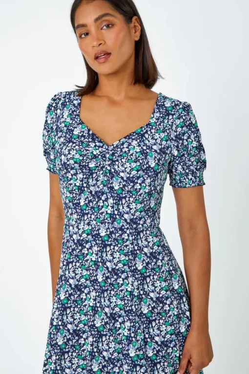 Roman Green Ditsy Floral Ruched Stretch Midi Dress