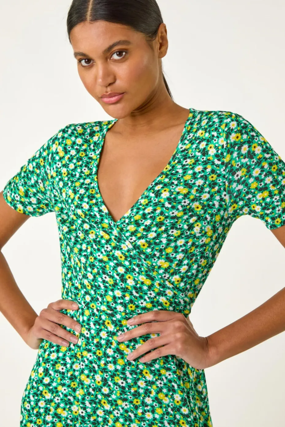 Roman Green Ditsy Floral Wrap Frill Stretch Dress