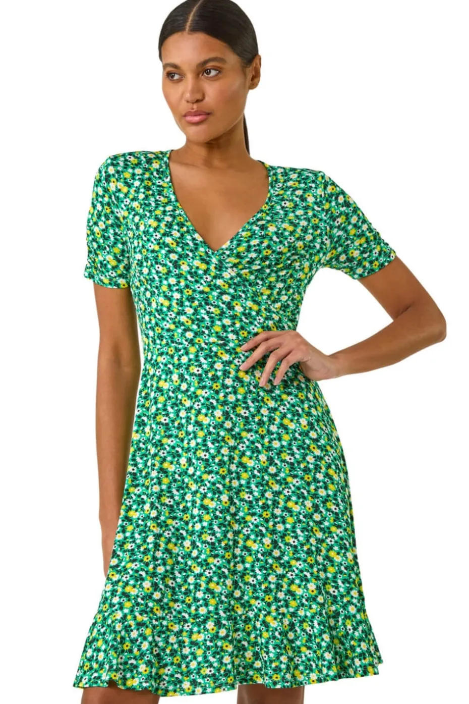 Roman Green Ditsy Floral Wrap Frill Stretch Dress