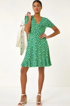 Roman Green Ditsy Floral Wrap Frill Stretch Dress