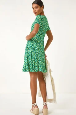 Roman Green Ditsy Floral Wrap Frill Stretch Dress