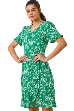 Roman Green Ditsy Floral Side Button Stretch Dress