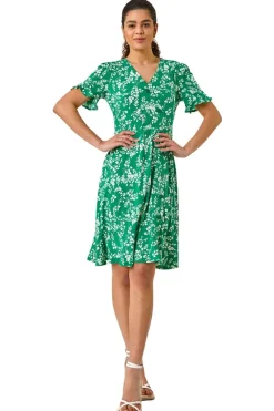 Roman Green Ditsy Floral Side Button Stretch Dress