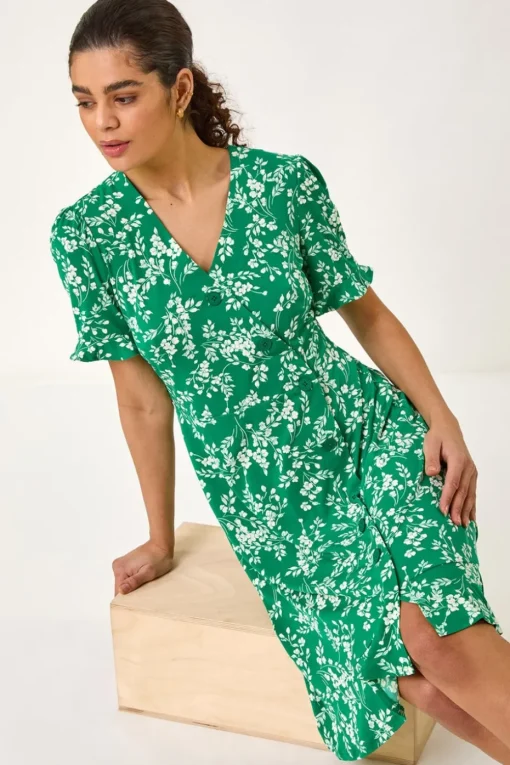 Roman Green Ditsy Floral Side Button Stretch Dress