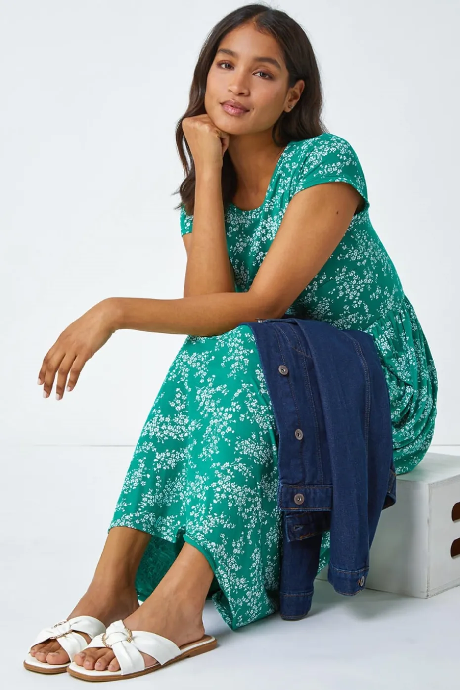 Roman Green Ditsy Gathered Skirt Stretch Midi Dress