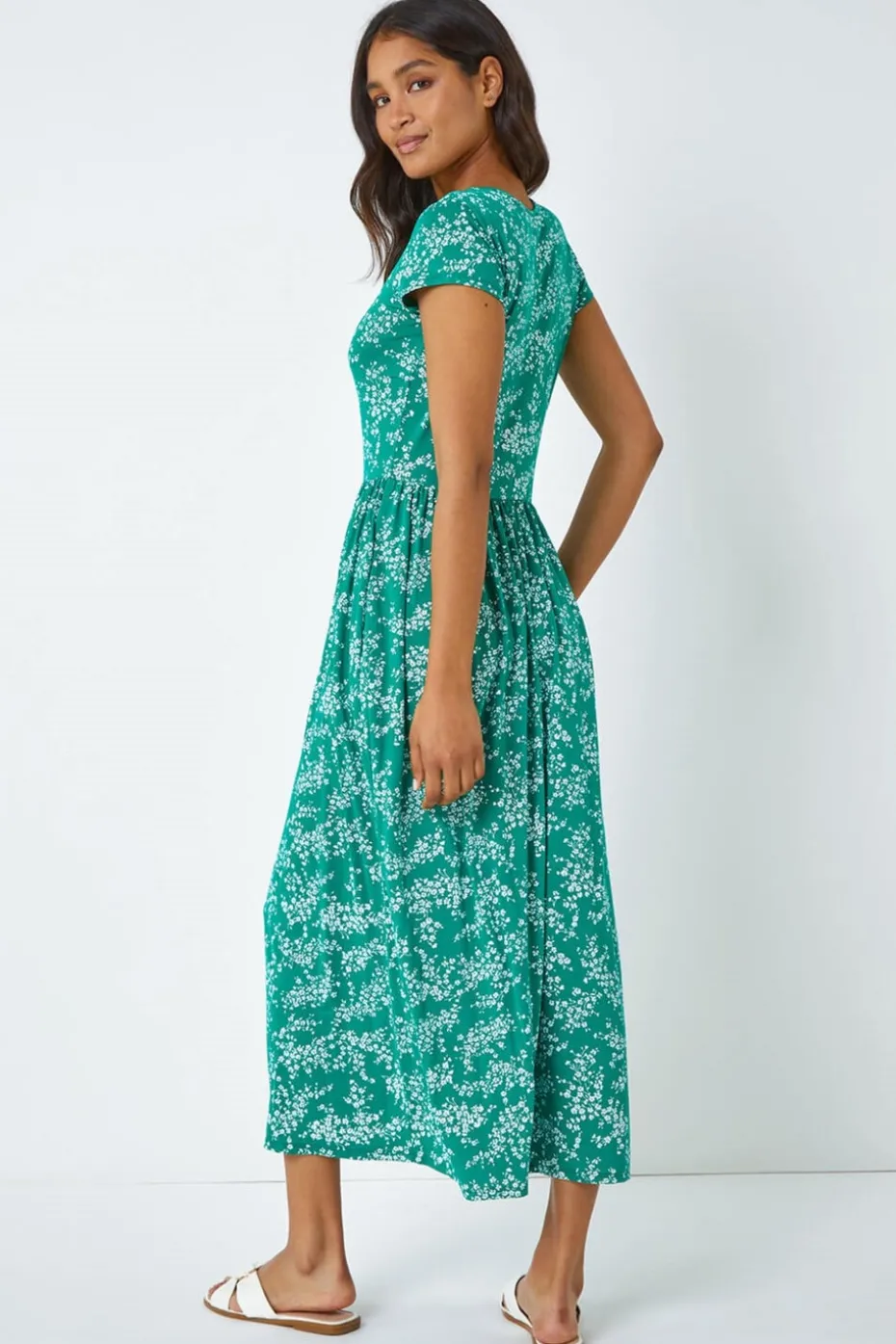 Roman Green Ditsy Gathered Skirt Stretch Midi Dress